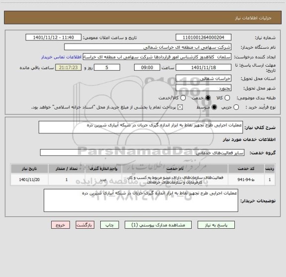 استعلام عملیات اجرایی طرح تجهیز نقاط به ابزار اندازه گیری جریان در شبکه آبیاری شیرین دره