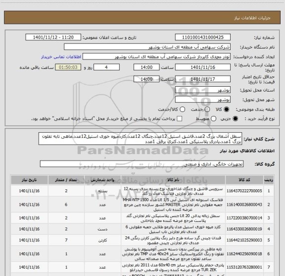 استعلام سطل آشغال بزرگ 2عدد.قاشق استیل 12عدد.چنگال 12عدد.کاردمیوه خوری استیل12عدد.ماهی تابه تفلون بزرگ 1عدد.پادری پلاستیکی 1عدد.کتری برقی 1عدد