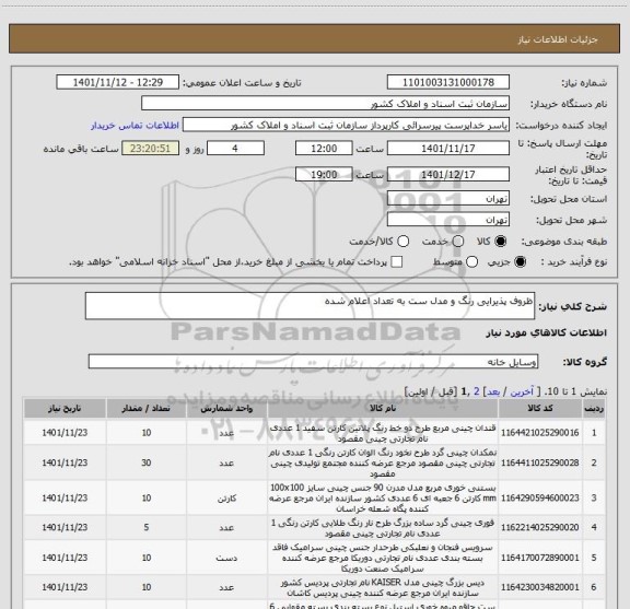 استعلام ظروف پذیرایی رنگ و مدل ست به تعداد اعلام شده