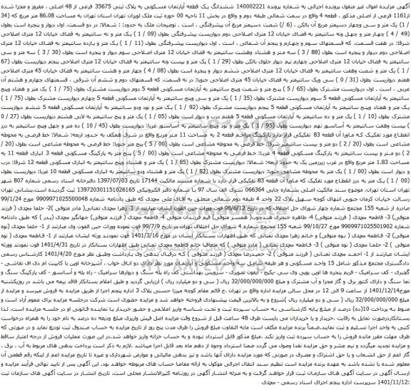 آگهی مزایده ششدانگ یک قطعه آپارتمان مسکونی به پلاک ثبتی 35675 فرعی از 48 اصلی ، مفروز و مجزا شده از1161 فرعی از اصلی