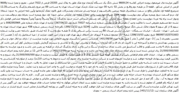 آگهی مزایده شش دانگ یک دستگاه آپارتمان نوع ملک طلق به پلاک ثبتی 25355 فرعی از 7022 اصلی ، مفروز و مجزا شده از9608 فرعی از اصلی