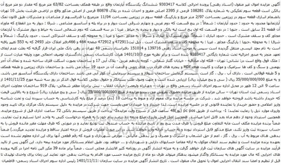 آگهی مزایده ششدانگ یکدستگاه آپارتمان