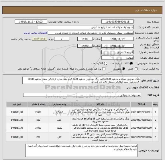 استعلام رنگ جدولی سیاه و سفید 2000کیلو، رنگ دوجزیی سفید 500 کیلو، رنگ سرد ترافیکی ممتاز سفید 2000 کیلو و تینر سرد ترافیکی ممتاز 220 لیتر است.