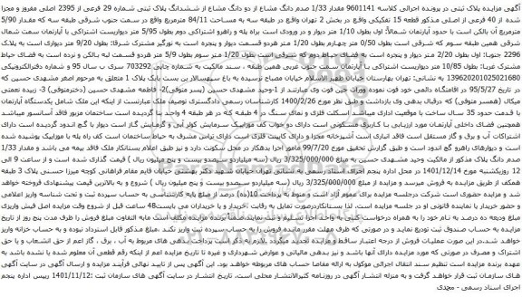 آگهی مزایده مقدار 1/33 صدم دانگ مشاع از دو دانگ مشاع از ششدانگ پلاک ثبتی شماره 29 فرعی از 2395 اصلی مفروز و مجزا شده از 40 فرعی از اصلی