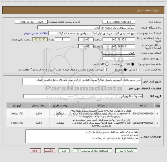 استعلام تامین سیم هادی آلومینیوم باسبار AAAC بجهت افزایش ظرفیت نفوت-کلاچای-جانبازان(تحویل فوری-