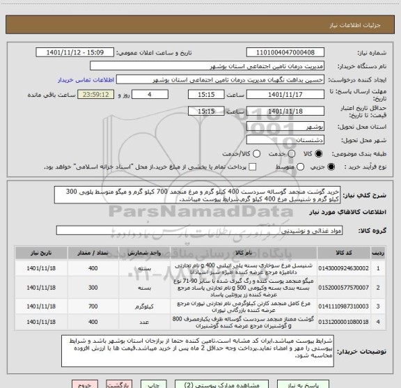 استعلام خرید گوشت منجمد گوساله سردست 400 کیلو گرم و مرغ منجمد 700 کیلو گرم و میگو متوسط پلویی 300 کیلو گرم و شنیسل مرغ 400 کیلو گرم.شرایط پیوست میباشد.