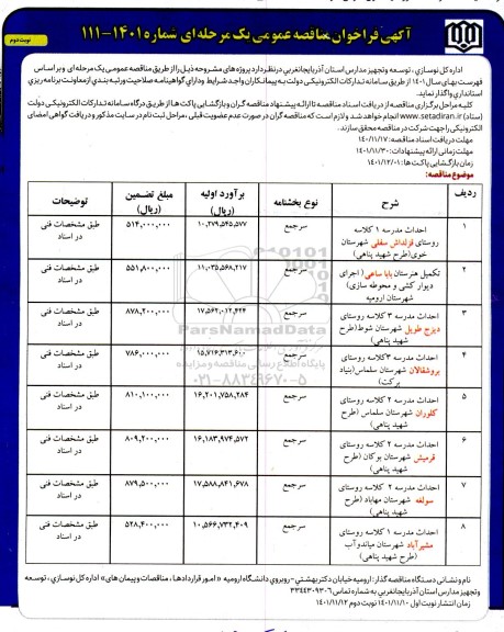 مناقصه احداث مدرسه 1 کلاسه ...  ـ نوبت دوم