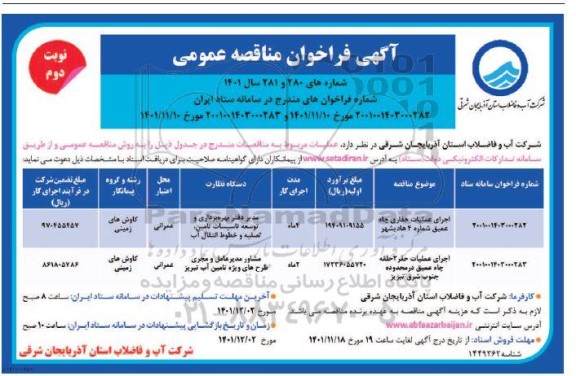فراخوان مناقصه اجرای عملیات حفاری چاه عمیق ... نوبت دوم 