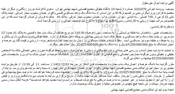 مزایده فروش سه دانگ یک واحد مسکونی قدیمی