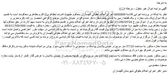 مزایده فروش مغازه به مساحت 57/19 متر مربع
