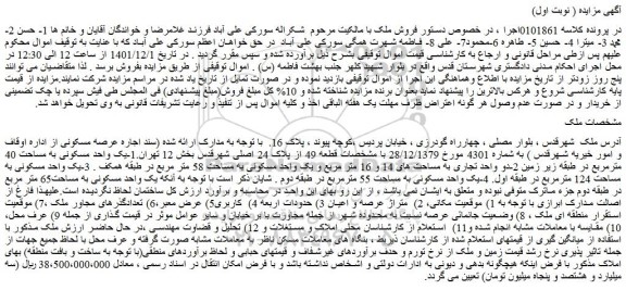 مزایده فروش یک واحد مسکونی به مساحت 40 مترمربع
