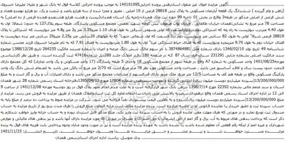 مزایده ششدانگ یک قطعه آپارتمان مسکونی به پلاک ثبتی 28818 فرعی از 10 اصلی 