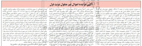 مزایده فروش 56/5 سهم مشاع از 131 سهم مشاع از 55415 سهم ششدانگ پلاک ثبتی 1980