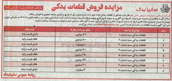 مزایده فروش قطعات یدکی