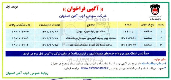 فراخوان مناقصه خرید 4 ردیف کمپرسور سرد کن و متعلقات ....