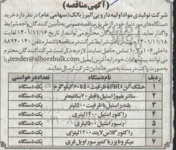 مناقصه خشک کن FBD با ظرفیت 50 تا 60 کیلوگرم ...