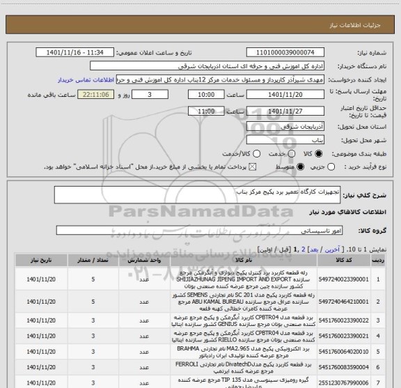 استعلام تجهیزات کارگاه تعمیر برد پکیج مرکز بناب