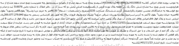 آگهی مزایده سیصدو پنجاه وسه سهم مشاع از یکهزارو سیصدوچهل ونه ممیزبیست وپنج صدم سهم مشاع از سه هزارودویست وسی وپنج سه مشاع شش دانگ یک باب