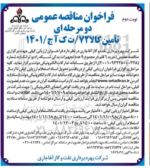 فراخوان مناقصه خرید 6 قلم در مجموع 9 عدد تجهیزات یدکی شبکه رادیو ترانک- نوبت دوم