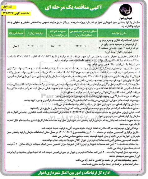 مزایده و مناقصه امتیاز احداث ، راه اندازی و بهره برداری از ترامبولین و سرسره بادی