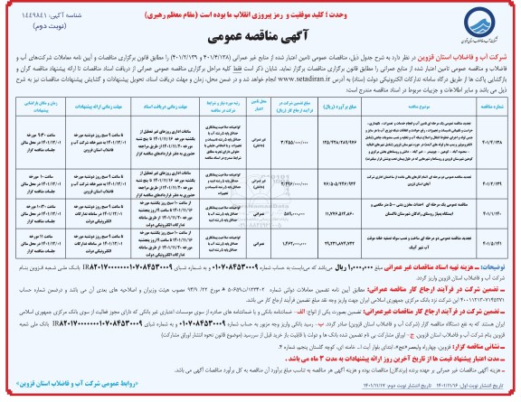 تجدید مناقصه تامین آب و انجام خدمات و تعمیرات، نگهداری، حراست و نگهبانی،... ـ نوبت دوم