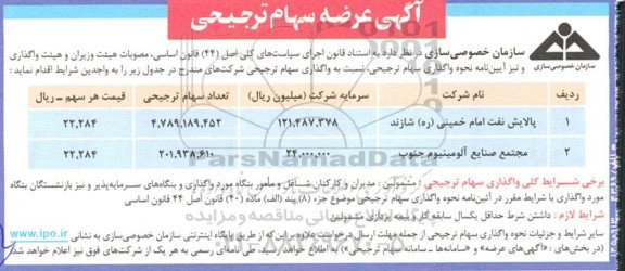 مزایده عرصه سهام ترجیحی