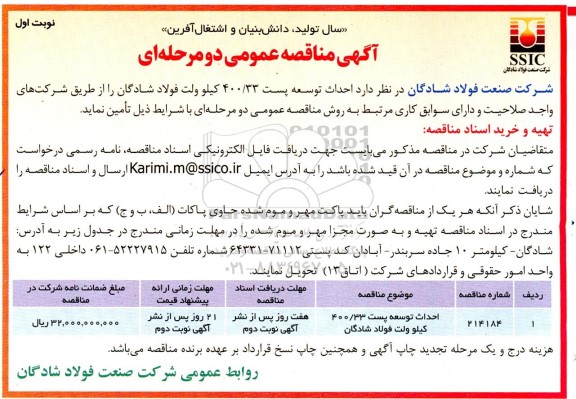 مناقصه احداث توسعه پست 400/33 کیلوولت 