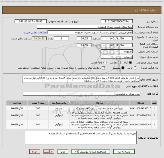 استعلام مرغ کامل به وزن 1کیلو 400گرم وبه مقدار500 کیلوگرم نیاز است ردیف 2ساق مرغ به وزن 200گرم نیاز میباشد ومابقی طبق درخواست .ارائه پیش فاکتور در سامانه