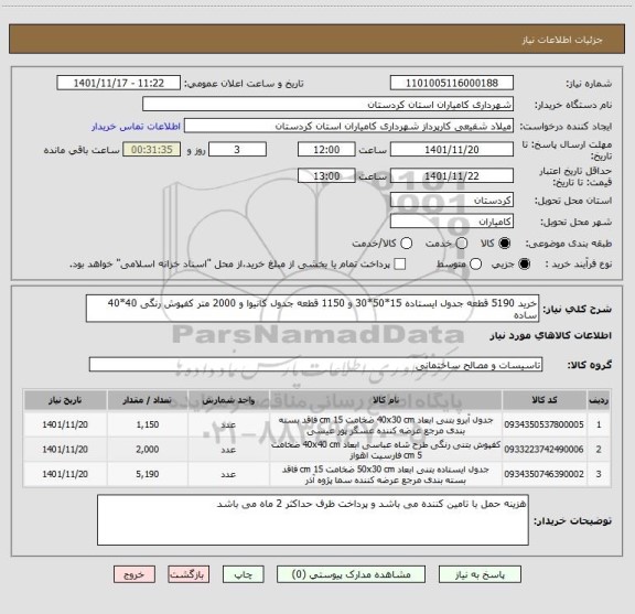 استعلام خرید 5190 قطعه جدول ایستاده 15*50*30 و 1150 قطعه جدول کانیوا و 2000 متر کفپوش رنگی 40*40 ساده