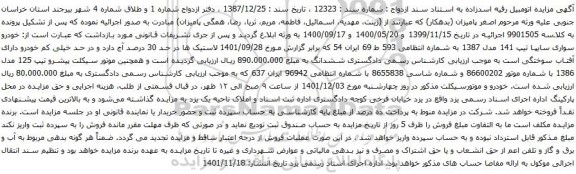 آگهی مزایده خودرو سواری سایپا تیپ 141 مدل 1387