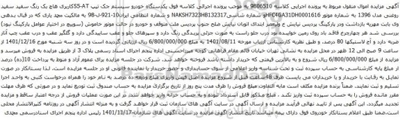 آگهی مزایده یکدستگاه خودرو سیستم جک تیپ S5-ATکاربری هاچ بک رنگ سفید سفید روغنی مدل 1396