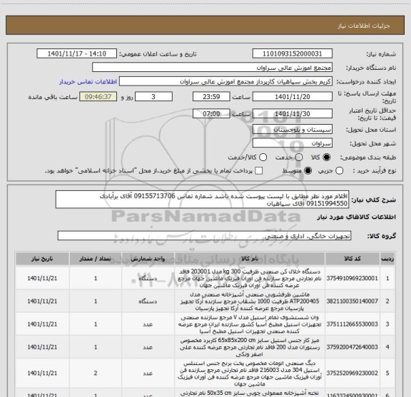 استعلام اقلام مورد نظر مطابق با لیست پیوست شده باشد شماره تماس 09155713706 آقای برآبادی 09151994550 آقای سپاهیان