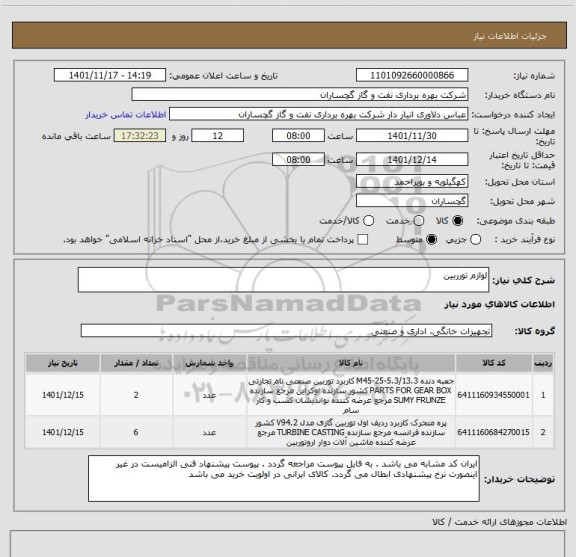 استعلام لوازم تورربین