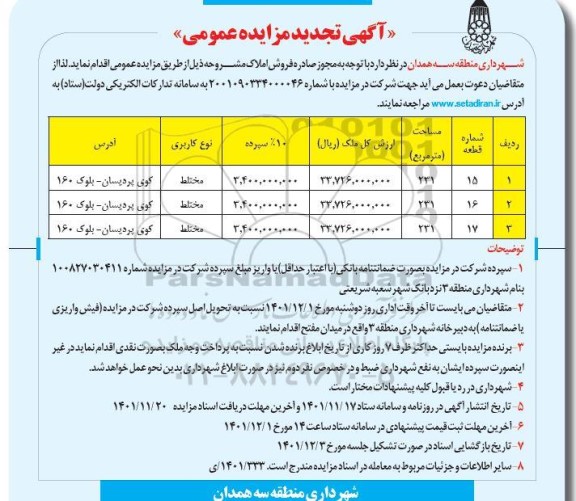 تجدید مزایده عمومی فروش املاک