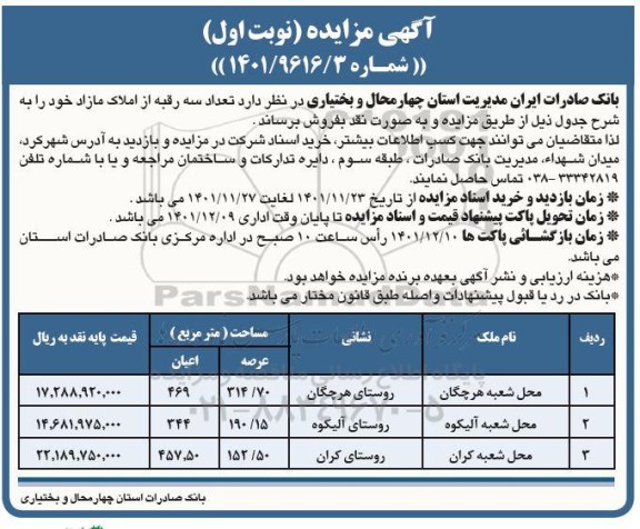 مزایده فروش تعداد سه رقبه از املاک مازاد