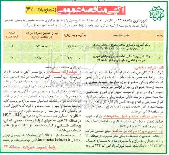 مناقصه رنگ آمیزی، پاکسازی نماها، سطوح و مبلمان شهری در سطح نواحی