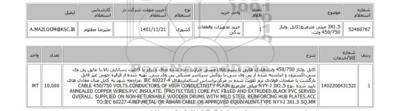 استعلام، 3X1.5 میلی مترمربع;کابل ،ولتاژ 450/750 ولت،
