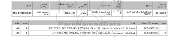 استعلام، هدر افشانک برای قالب 130-SUS304