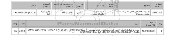 استعلام، تجهیزات مکانیکی خاص بخش خدمات صنعتی ،تعمیرات