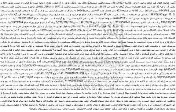 آگهی مزایده  ششدانگ پلاک ثبتی 1131 فرعی از 5 اصلی، مفروز و مجزا شده از2 فرعی از اصلی