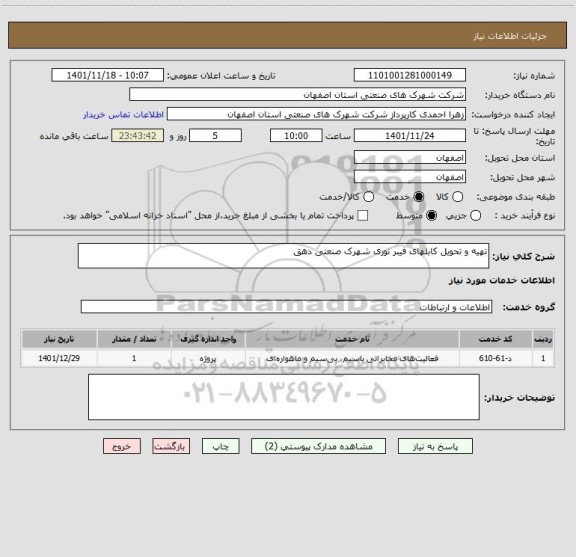 استعلام تهیه و تحویل کابلهای فیبر نوری شهرک صنعتی دهق