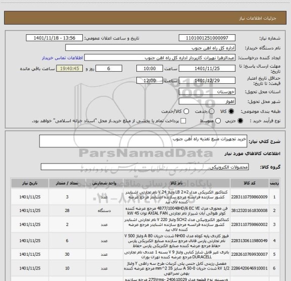 استعلام خرید تجهیزات منبع تغذیه راه آهن جنوب