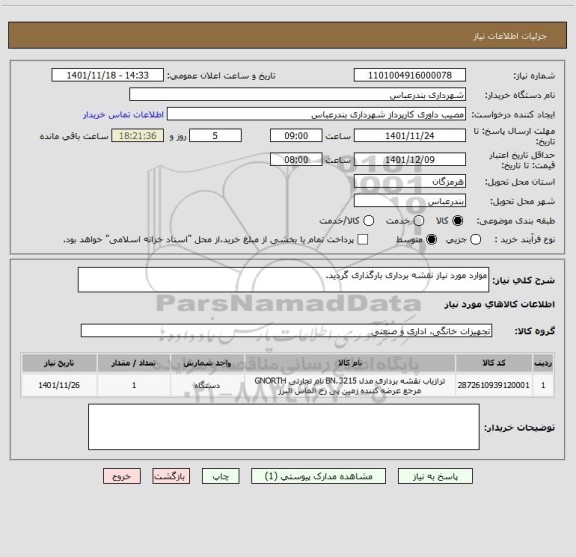 استعلام موارد مورد نیاز نقشه برداری بارگذاری گردید.