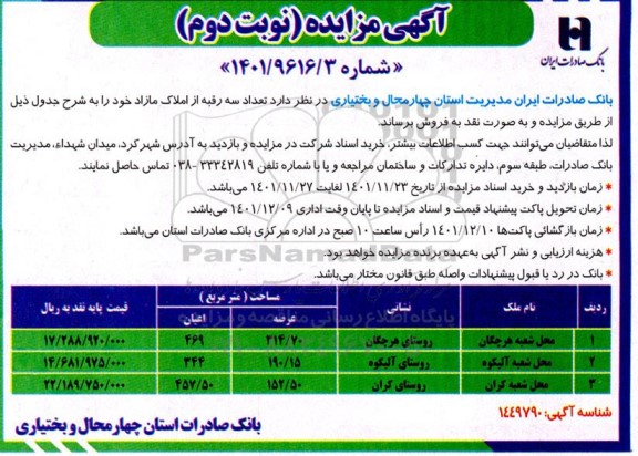 مزایده فروش تعداد سه رقبه از املاک مازاد نوبت دوم