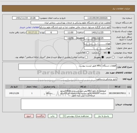 استعلام قطعات دستگاه HPLC طبق لیست پیوست