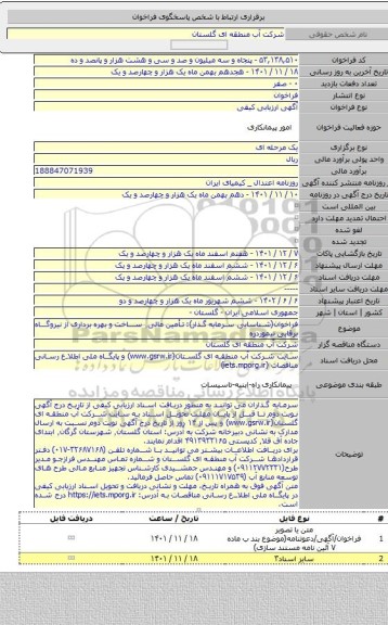 مناقصه, فراخوان(شناسایی سرمایه گذار): تأمین مالی٬ ساخت و بهره برداری از نیروگاه برقابی تیموردره