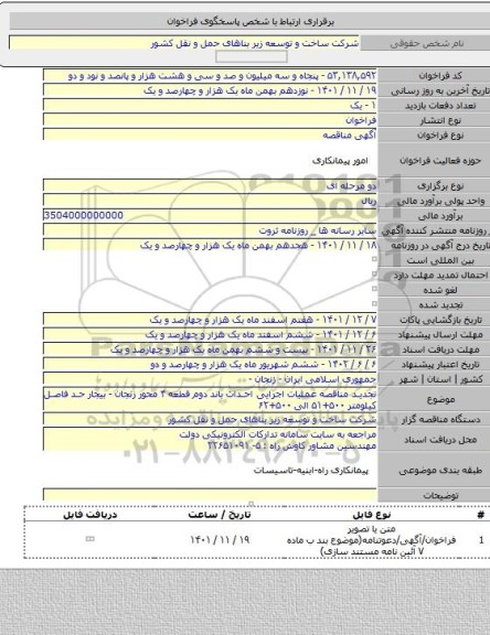 مناقصه, تجدید مناقصه عملیات اجرایی احداث باند دوم قطعه ۴ محور زنجان - بیجار حد فاصل کیلومتر ۵۰۰+۵۱ الی ۵۰۰+۶۲