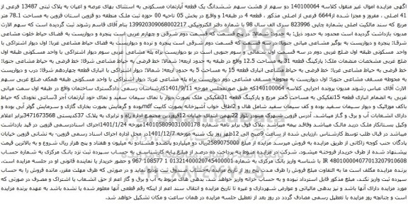 آگهی مزایده دو سهم از هشت سهم ششدانگ یک قطعه آپارتمان مسکونی به استثنای بهای عرصه و اعیان به پلاک ثبتی 13487 فرعی از 41 اصلید