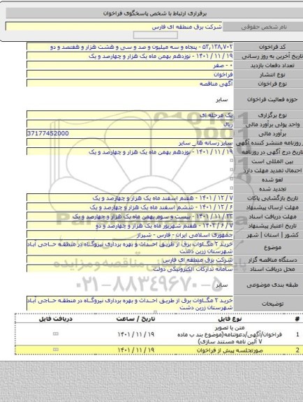 مناقصه, خرید ۲ مگاوات برق از طریق احداث و بهره برداری نیروگاه در منطقه حاجی آباد شهرستان زرین دشت