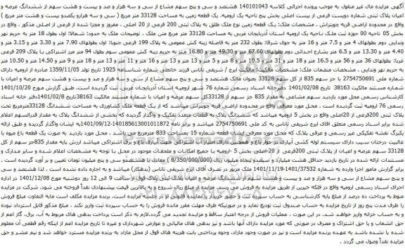 آگهی مزایده ششدانگ عرصه و اعیان پلاک ثبتی شماره دویست فرعی از بیست اصلی بخش پنج ناحیه یک